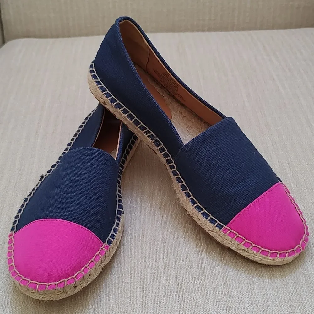 J. Crew Navy Blue Canvas Slip On Espadrilles Flats with Pink Cap Toe Size 6